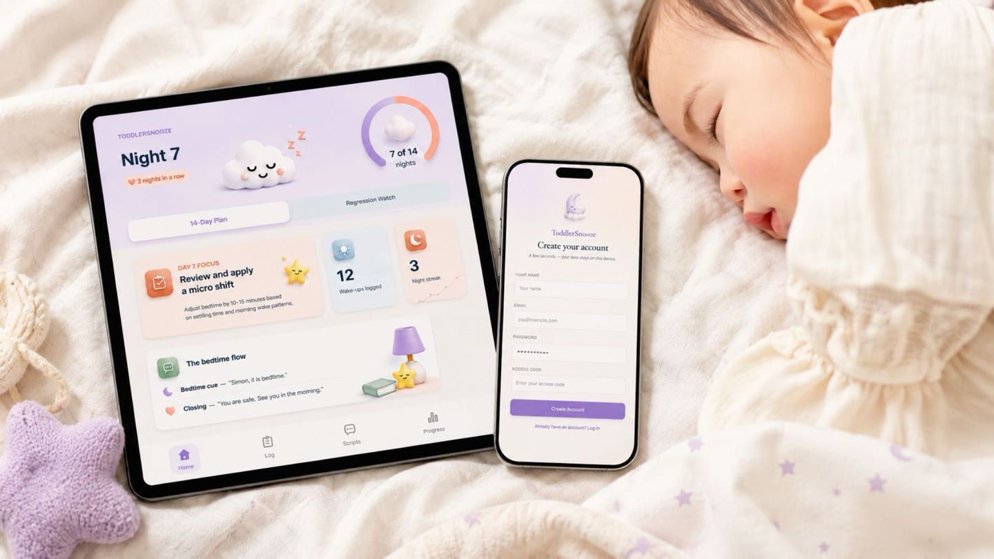 ToddlerSnooze app showing Night 7 progress