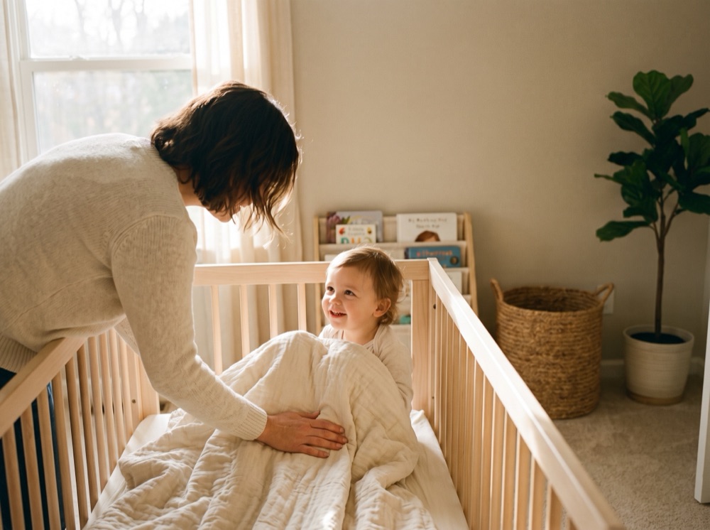 A parent gently tucking a smiling toddler into bed