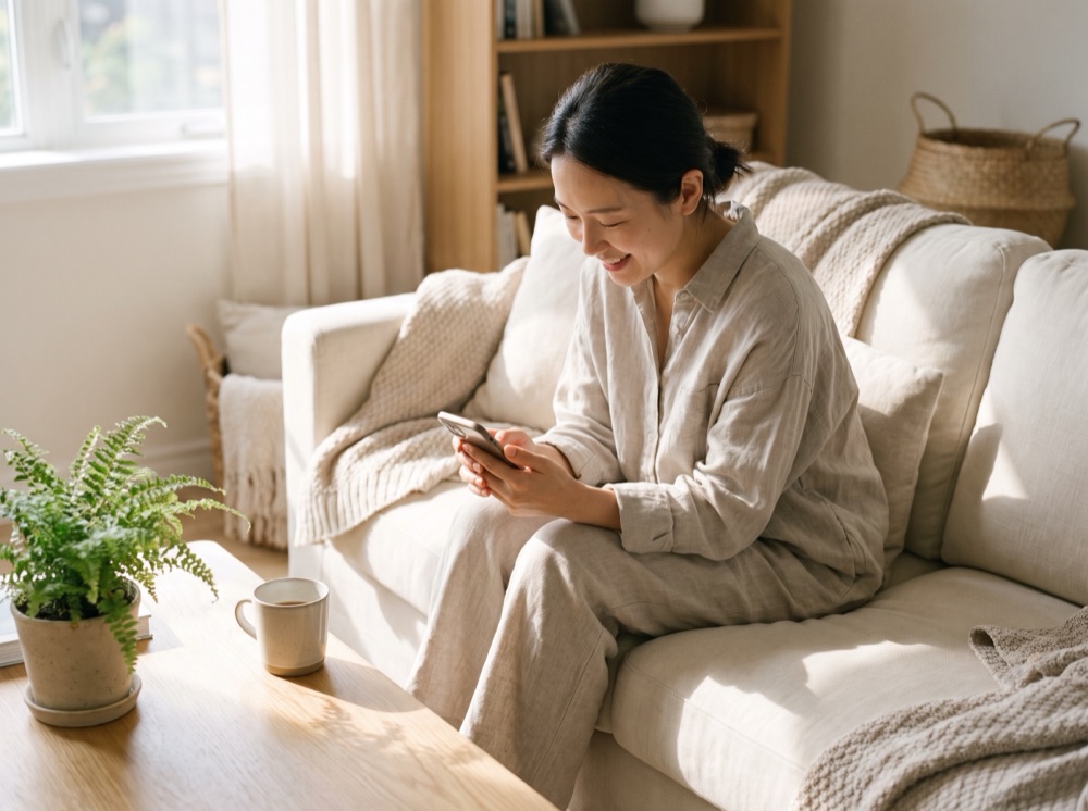 A relieved parent smiling while looking at their phone on the couch
